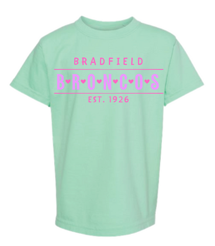 Comfort Colors Mint Green Bradfield Broncos Heart T-Shirt (Youth & Adult)